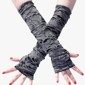 Punk Goth Fingerless Gloves Novelty Arm Warmers Ripped Gloves- Long Black